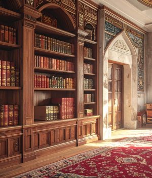 vecteezy grand islamic library ornate bookshelves persian rug and 71717883 scaled