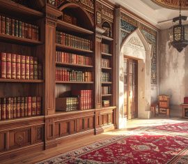vecteezy grand islamic library ornate bookshelves persian rug and 71717883 scaled
